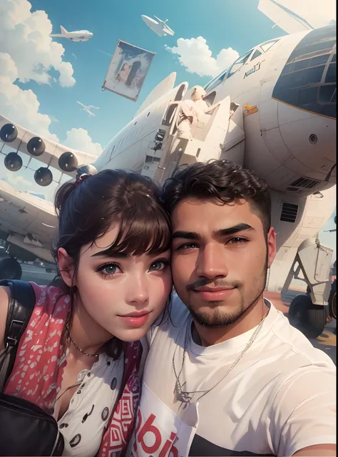 Cute Girlfriend boyfriend, handsome boy, cute hot girl, plane background, for album are, ultra realistic