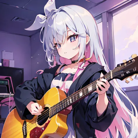 ((masutepiece)), ((Best Quality)), (Ultra-detailed), Anime style, Live performance venue, Cute little girl s, 1girl in, Solo, Playing the guitar 00, ((Beautiful eyes))0, Smile