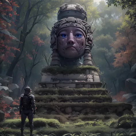 there is a stone statue in the middle of the forest, unreal maya, promotional movie still, author：simon de vlieger, 废墟, author：v...