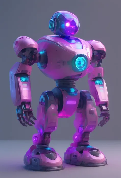 a futuristic round robot holographic colors landscape with lite purple background