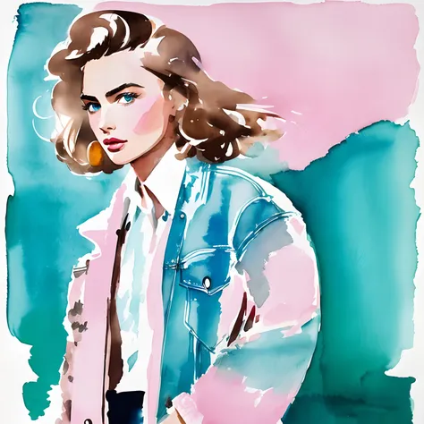 David Downton fashion illustration watercolor, light brown blonde thin bob hair 1woman, blue eyes, Andreea Diaconu, fluffy pink sweater, light blue trendy denim jacket, apple green tea, Paris street, lilac