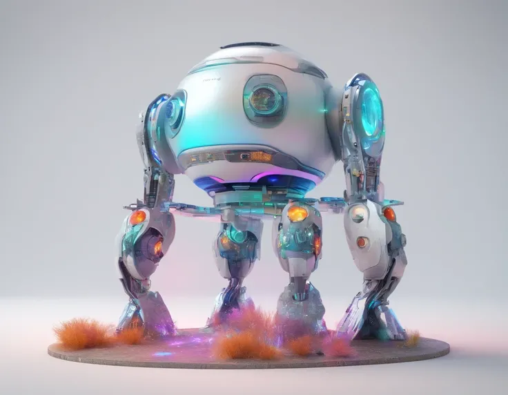 a futuristic round robot holographic colors landscape with white background