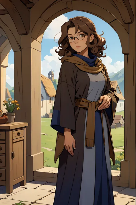 Solo, female, standing, looking at viewer, (tan skin), fantasy village, linen tunic, navy cloak, light brown hair, curly hair, glasses