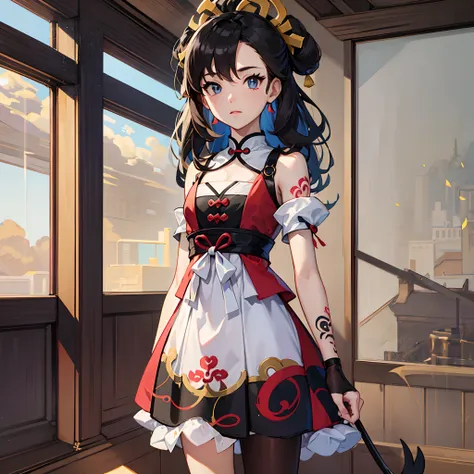 1 Chinese girl, pokemon style, Pre-cured style,1 girl,Small breasts,dress, in style of kyoto animation, The upper part of the body_Body, Compared to Bellow,suspended ceiling,view the viewer, eyeslashes, tattoo, Flat chest, Messy hair, Sunlight, Cloud,