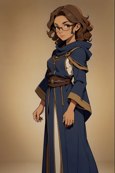 Solo, female, standing, looking at viewer, (tan skin), fantasy village, linen tunic, navy cloak, light brown hair, curly hair, glasses