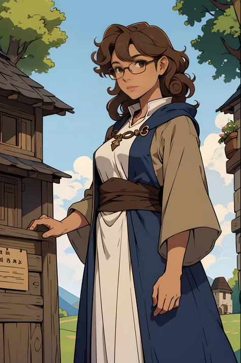 Solo, female, standing, looking at viewer, (tan skin), fantasy village, linen tunic, navy cloak, light brown hair, curly hair, glasses