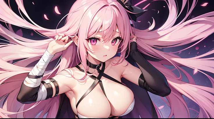 1 girl, game CG, long bandage wrapped around body, bandage over naked, gigantic breasts, pink hair, long hair, ahoge, pink eyes, Halloween background,