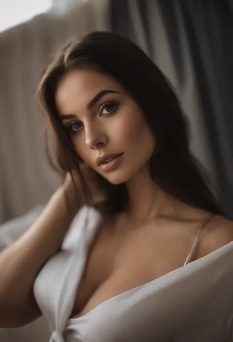 arafed woman with black sexy atractive clothes, sexy girl with brown eyes, portrait sophie mudd, black hair and large eyes, selfie of a young woman, bedroom eyes, violet myers, without makeup, natural makeup, looking directly at the camera, face with artgr...