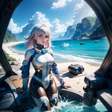 (best quality,4k,8k,highres,masterpiece:1.2),ultra-detailed,(realistic,photorealistic,photo-realistic:1.37),portraits,landscape,professional,movie,action,adventure,
cinematic,impeccable cg,futuristic spaceship,female pilot,tropical paradise island,beautifu...