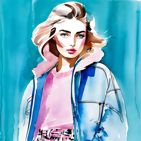 David Downton fashion illustration watercolor, blonde thin bob hair 1woman, blue eyes, Andreea Diaconu, fluffy pink sweater, light blue trendy denim jacket, apple green tea, Paris street, lilac