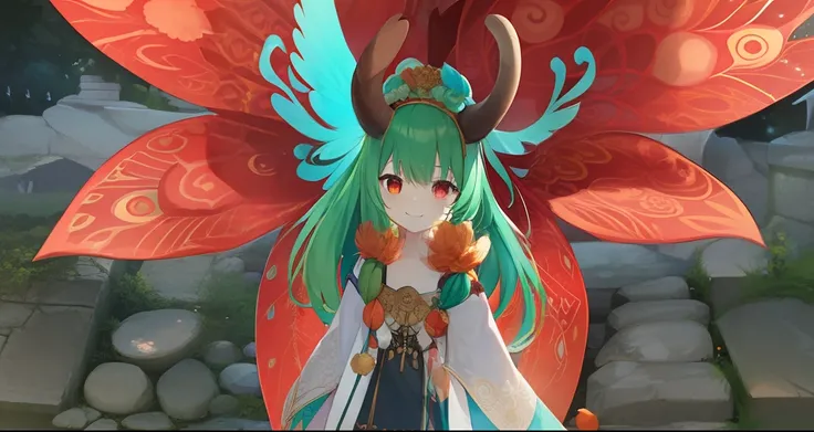 there is a girl smiling with a flower headdress standing in front of a staircase, has antler horn, branch like horn, clothes themed on a peacock mage, a druid, has spiral red eye, has green to orange hair