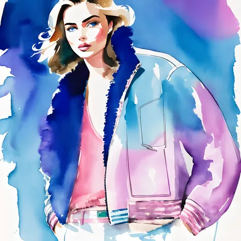 David Downton fashion illustration watercolor, blonde thin bob hair 1woman, blue eyes, Andreea Diaconu, fluffy pink sweater, light blue trendy denim jacket, apple green tea, Paris street, lilac