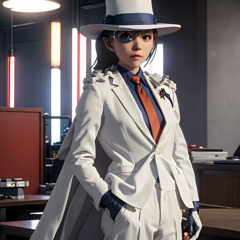 ​masterpiece, top-quality, 1girll, 独奏, white suit, white cloak, silk hat, monocle, red necktie, blue shirt, white glove, guns, h...