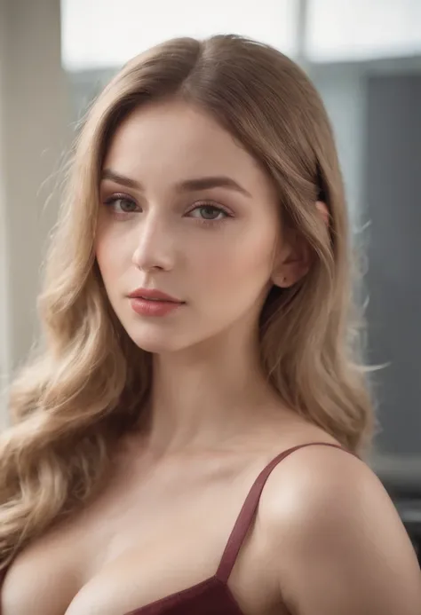 24 year old waif-like model, ultra realistic, meticulously detailed, sophie mudd, brown eyes, full lips, thin face, curly blonde hair, seductive, wearing business attire at a corporate office, open shirt showing her huge breasts, sexy skirt,