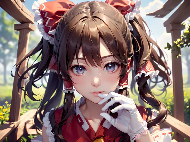 (((((a girl wearing lace gloves,hands together,)))))(((hakurei reimu:1.1,)))(((straight hair,supple hair,twintails,bangs,brown hair,brown eyes,)))(((( nontraditional miko)))),((1girl,Solo,))(Masterpiece,Best quality, Beautiful and aesthetic:1.2),((超高分辨率,))...