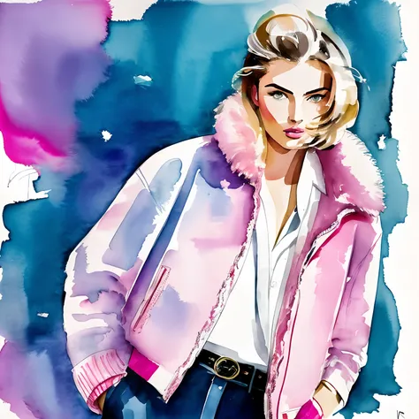 David Downton fashion illustration watercolor, blonde thin bob hair 1woman, blue eyes, Andreea Diaconu, fluffy pink sweater, light blue trendy denim jacket, apple green tea, Paris street, lilac