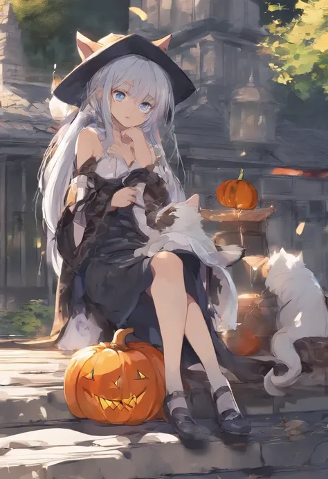 (masutepiece), (Best Quality), Realistic, Photorealism,（One Girl And One Animal Cat：1.5）,（Cat Halloween Cosplay）,Blue eyes,Orange pumpkin,Halloween atmosphere in Shibuya,Big cleavage,crescent,Darkness of the night,masutepiece,top-quality,Ultra-high resolut...