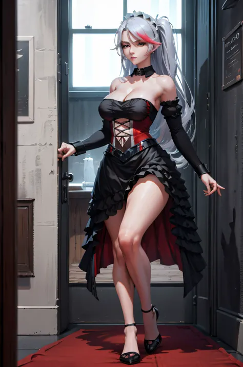 eugennight, bare_shoulders, 
mature woman walking in a corridor of a grandiose castle, wearing a short sexy and elegant red dress, while playing with a small white dog with her bare foot, older female, long black hair, hair accessory, earings, thin necklac...