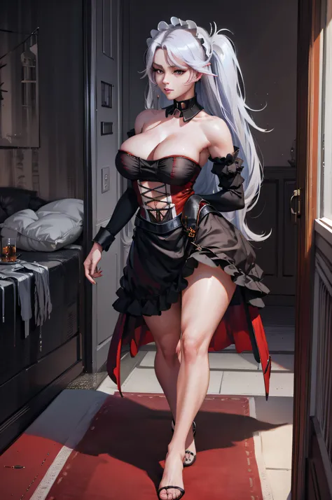 eugennight, bare_shoulders, 
mature woman walking in a corridor of a grandiose castle, wearing a short sexy and elegant red dress, while playing with a small white dog with her bare foot, older female, long black hair, hair accessory, earings, thin necklac...