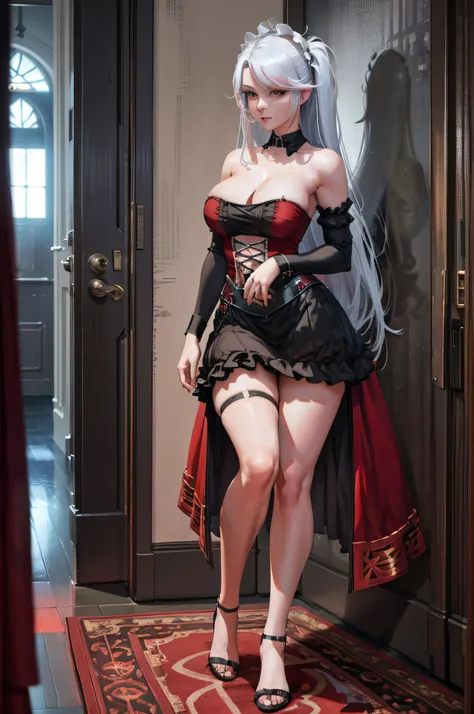 eugennight, bare_shoulders, 
mature woman walking in a corridor of a grandiose castle, wearing a short sexy and elegant red dress, while playing with a small white dog with her bare foot, older female, long black hair, hair accessory, earings, thin necklac...