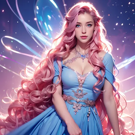 a woman, long curly hair, pink hair, blue eyes, magical background, star, low-cut clothes, pink dress, elf