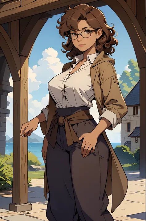 Solo, female, standing, looking at viewer, (tan skin), fantasy village, linen shirt, navy cloak, pants, light brown hair, curly hair, glasses, big breasts