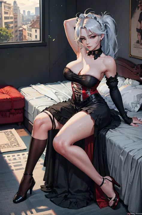 eugennight, bare_shoulders, 
mature woman crawling over a messy bed in a elegant bedroom, wearing a short sexy and elegant red dress, while playing with a small white dog with her bare foot, older female, long black hair, hair accessory, earings, thin neck...