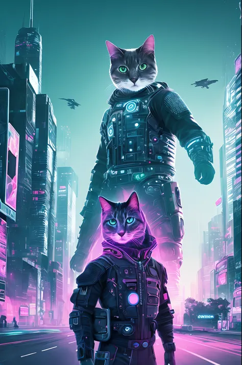 Futuristic cat in pencil style
 with a suit of the future and powers in light blue and purple tone with a futuristic city background in cyber pank style
​