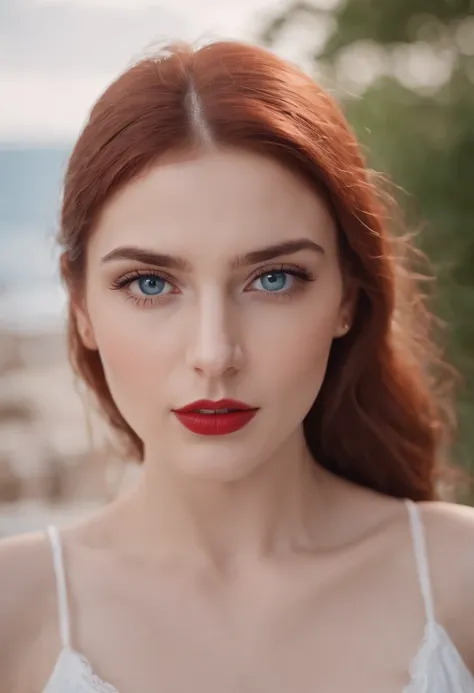 Beautiful greek woman 24 age 4k-resolution . with white transparent t-shirt Maximum realistic hyper-detailed skin, (profesional photography) blue eyes red lipstick on the lips red hair full body photo