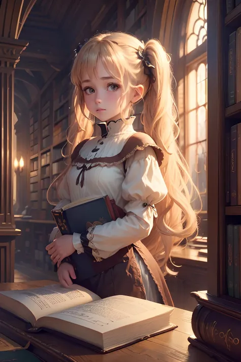 (the Extremely Detailed CG Unity 8K Wallpapers), most beautiful artwork in the world, 1girl in, Upper body,Petite girl with blonde twin tails,angelicales,stain glass,old book,Medieval library