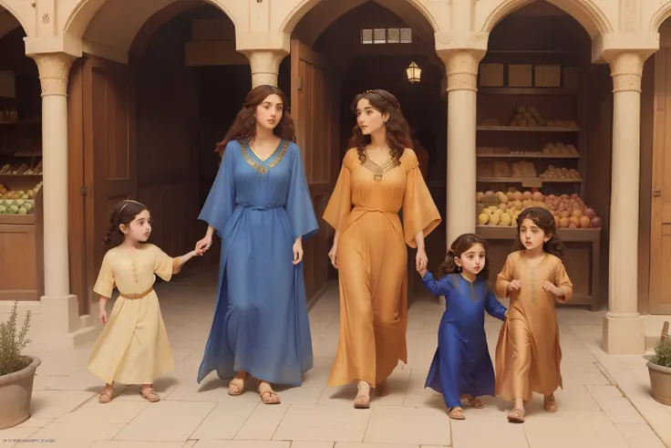 Year: 11th century. Location: Ispahan. Pre-raphaelite scene, 23-year-old, ((two jewish women)), and two (little boys), strolling in the ((market)), errands, ((((11th century plain caftan)))) ((11th century jewish hairstyle)), (((cinematic style)))