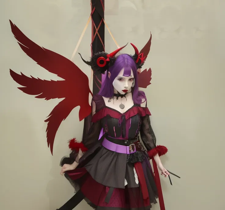 woman standing with purple hair and purple eyes, has three pairs of red wings, has red with black line horns, wearing gothic style jester, red and black outfit, masquerade dress, using belt with skleton liontine, medium length hair, stoic expression, wears...