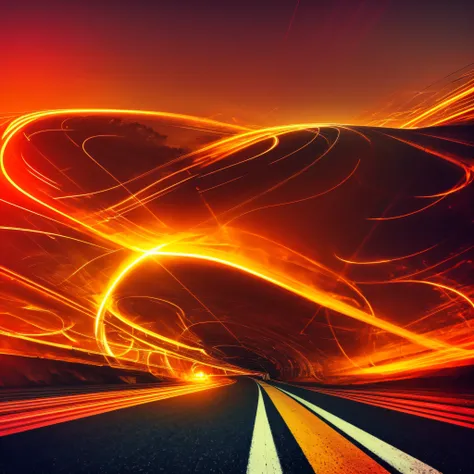 light, sun, speed, orange, motion, road, yellow, highway, fire, blur, design, illustration, sunset, travel, glow, color, gold, night, car, sky, wave, tunnel, fast, flame, red