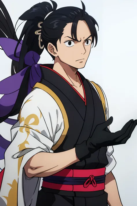 anime, man, scar, black eyes, black long kimono, male short ponytail, black gloves