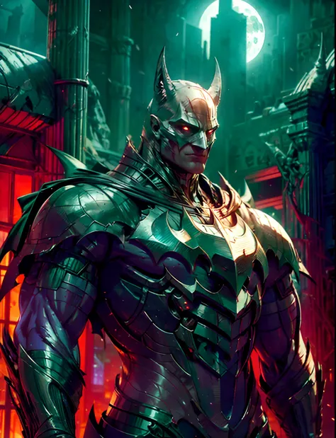 Batman from the dark knight stands imposing in a gothic lost city. Moonlight highlights your muscles and scars. The scenery is lush and mysterious, with futuristic tech and surroundings. The camera details everything, a warrior woman, in front of him.