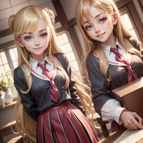 Several girls smiling school uniform high quality beautiful girl harem masterpiece long blonde hair brown hair pink