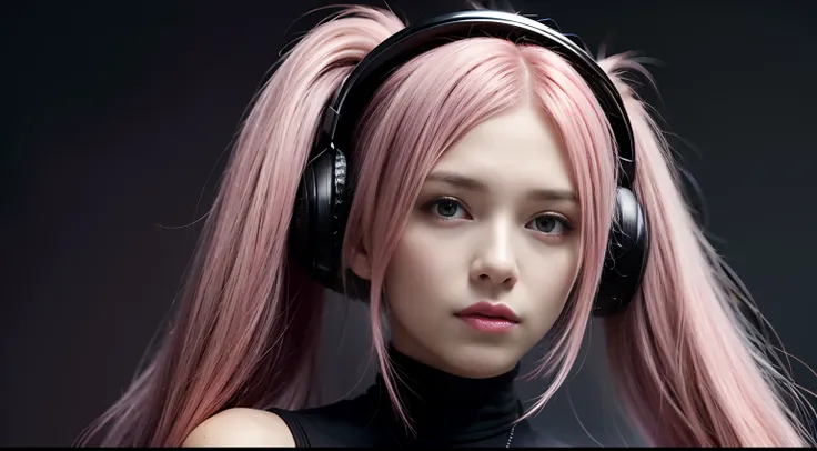 ((pink hair)), ((long hair)), wavy ponytail, dark brown set of earmuffs, 19 year old, beauty, half body portrait, 1, slender, extremely beautiful face, exquisite face