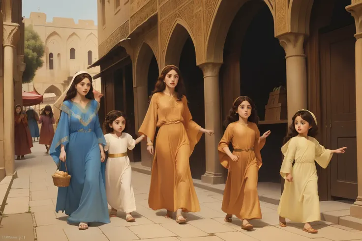 Year: 11th century. Location: Ispahan. Pre-raphaelite scene, 23-year-old, ((two jewish women)) with veils, and two (little boys), strolling in the ((market)), errands, ((((11th century plain caftan)))) ((11th century jewish hairstyle)), (((cinematic style)...