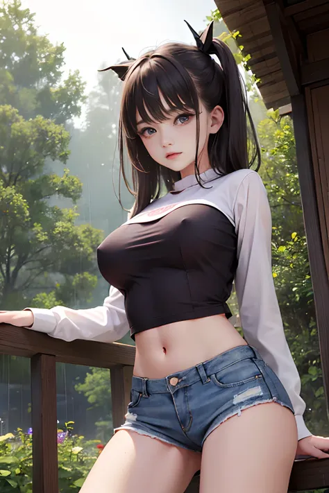 ((top-quality))、((​masterpiece))、realisticlying、女の子 1 人、Lori、A dark-haired、Twin-tailed、Purple eyes、radiant eyes、(Colossal tits:1.2), croptop, white tee, Shorts,Spread your legs apart，Cowboy Sipose、Long live your hands、crouching down、squatt、Shoot from below...