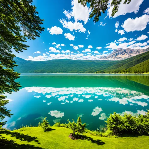 lake, mountain, mountains, water, landscape, nature, reflection, sky, travel, forest, park, view, clouds, scenic, summer, green, national, mirror, calm, hill, panorama, tree, outdoors, alps, scenery