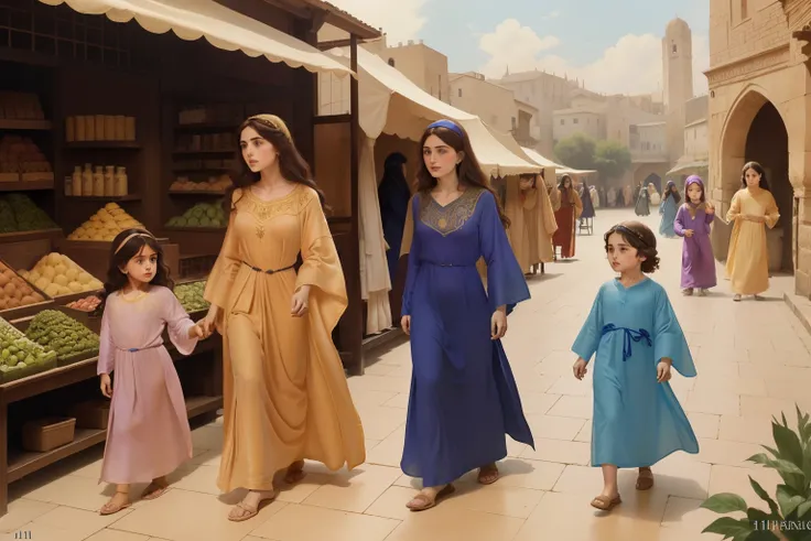 Year: 11th century. Location: Ispahan. Pre-raphaelite scene, 23-year-old, ((two jewish women)) with veils, and two (little (boys)), strolling in the ((market)), errands, ((((11th century plain caftan)))) ((11th century jewish hairstyle)), (((cinematic styl...