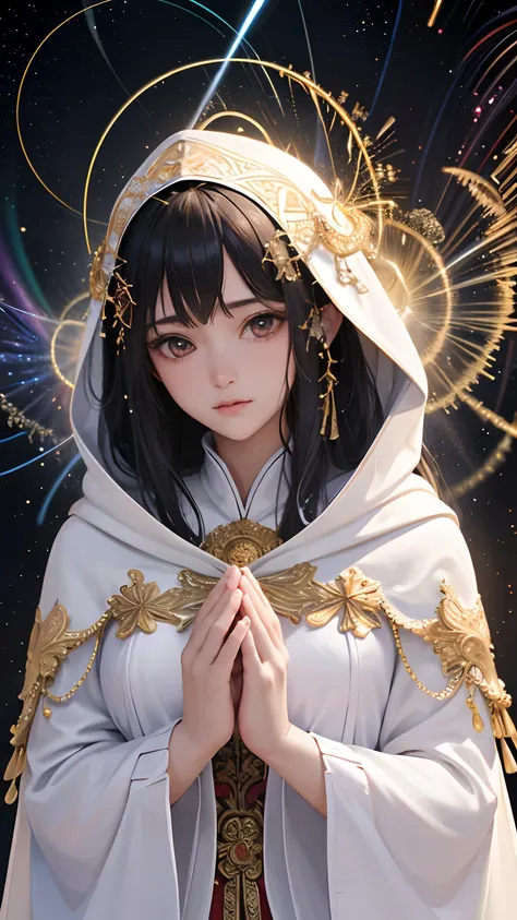 (masterpiece, top quality, best quality, official art, beautiful and aesthetic:1.2), (1girl), extreme detailed, (fractal art:1.3), colorful, highest detailed, perfect face, upper body, HDR, (praying:1.3), (white cloak golden lines:1.2), galaxy, (light stre...