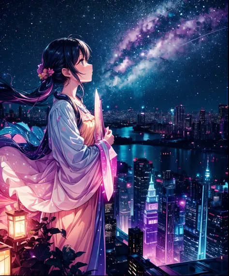 Sheet music plays、Colorful sheet music plays、Cute girl characters、 Night view from a high place、Drawing a large number of skyscrapers, Looking up at the starry sky. Surround her with colorful nebulae and colorful metropolis.