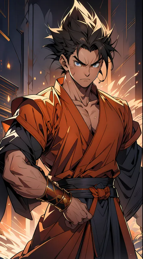 quadratic element，style of shonen anime artwork，goku，The proportions are correct，Face details，highly detailed eyes, swordsmen，goku hairstyle，Neck details，Blue suit，kaftan，long blue robes，clothes details，getting ready to fight，short sleeves，Game quality，Swo...