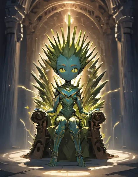 Por favor, create an enchanting and unique image that features a baby Groot character from the Guardians of the Galaxy sitting on the Iron Throne from Game of Thrones. The main focus of the image should be Groots cuteness and expression as he occupies the ...