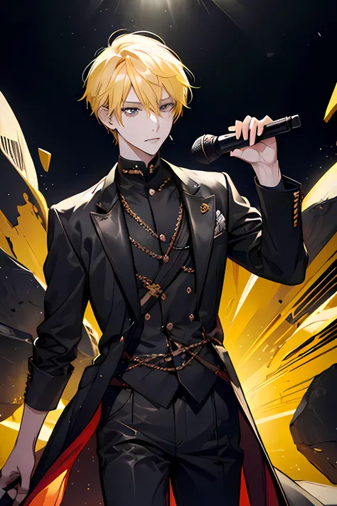 16k，male people，Yellow hair，black leather clothes，Spotlight stage background，Microphone in hand，Handsome and handsome。