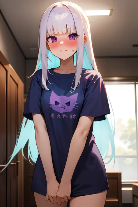 One girl with long hair, white hair, looking at viewer, embarrassed, blushing, indoor , oversized naked t shirt, purple t shirt, cat logo t shirt