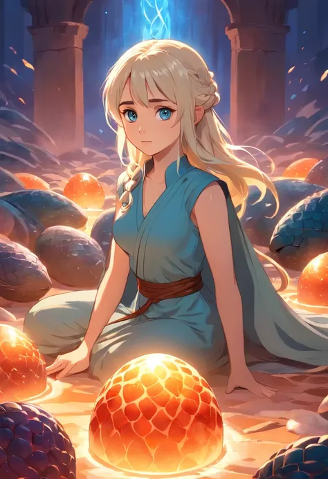 Por favor, crie um desenho impressionante que represente Daenerys Targaryen sentada no Trono de Ferro, With dragon eggs by your side. The image should highlight Daenerys majesty and the importance of dragon eggs in her journey. Certifique-se de capturar to...