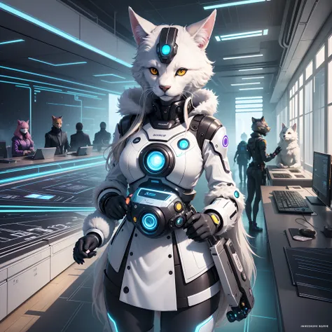 Create an illustration depicting a futuristic environment where humans, artificial intelligences, and furries coexist harmoniously. The scene should convey an atmosphere of cooperation, diversity, and inclusivity. Use vibrant colors and technological eleme...