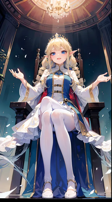 best qualtiy，tmasterpiece，超高分辨率，Elven Palace，(From below)，diadems，Elf long ears，Long white dress，1Blittle girl,(8 years old)，cinmatic lighting，(((twin drills))),blond hairbl，Blue eyes，Female imps，Laughing mockingly，sitting on an royal throne，Jirou legs，Lon...